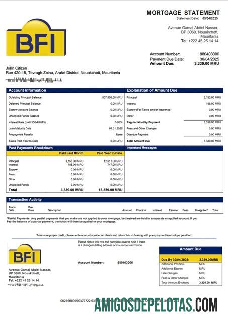 realista Mauritânia Banque Des Financements Islamiques (BFI) Declaração de hipoteca Word e modelo PDF